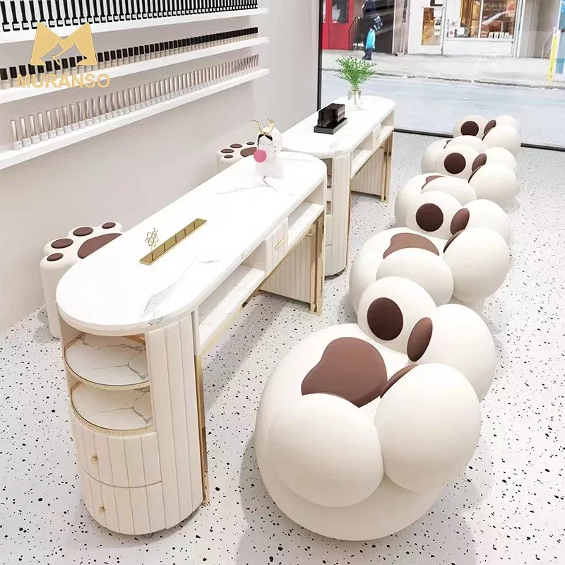 

Nail Salon Furniture Light Luxury Nail Table Desk Beauty Shop Gold Base Manicure Table With Chair