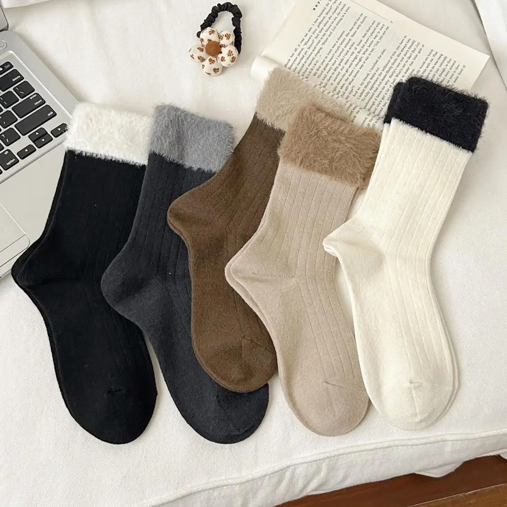 

Women Color-Block Boot Socks Thick Warm Casual Socks with Fuzzy Cuffs Winter Crew Socks for Daily Errands Sports Home Lounging