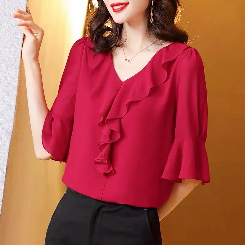 2024 Elegant office lady Lotus leaf collar chiffon shirt,Fashion korean style flare sleeve OL style blouse red black white Tops