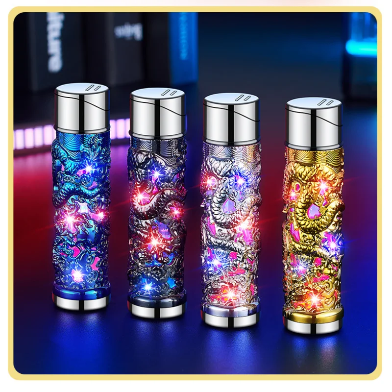 New Embossed Relief Dragon Design Torch Lighter Refillable Butane Windproof Jet Red Flame Lighter for Gifts (Without Butane)