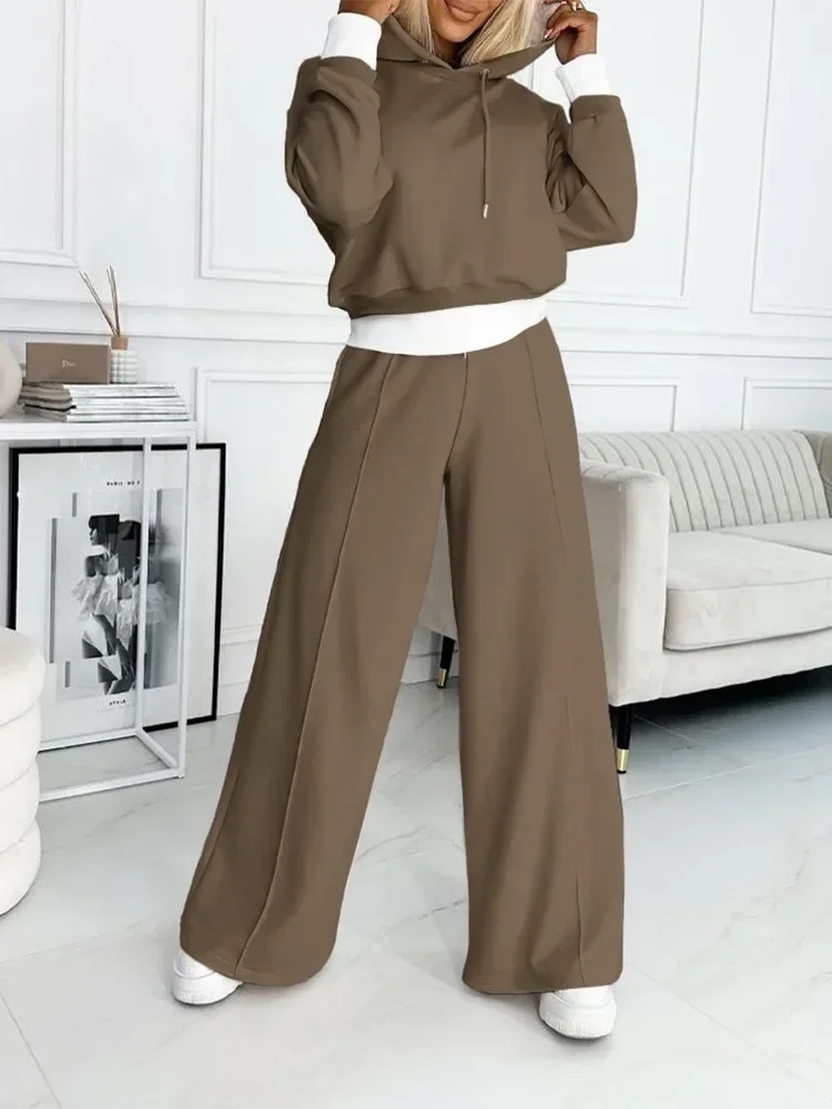 Sets Outifits 2023 Fall Winter New Geometric Print Colorblok Hoodie & Wide Leg Pant Set of Two Fashion Casual Pieces for Women