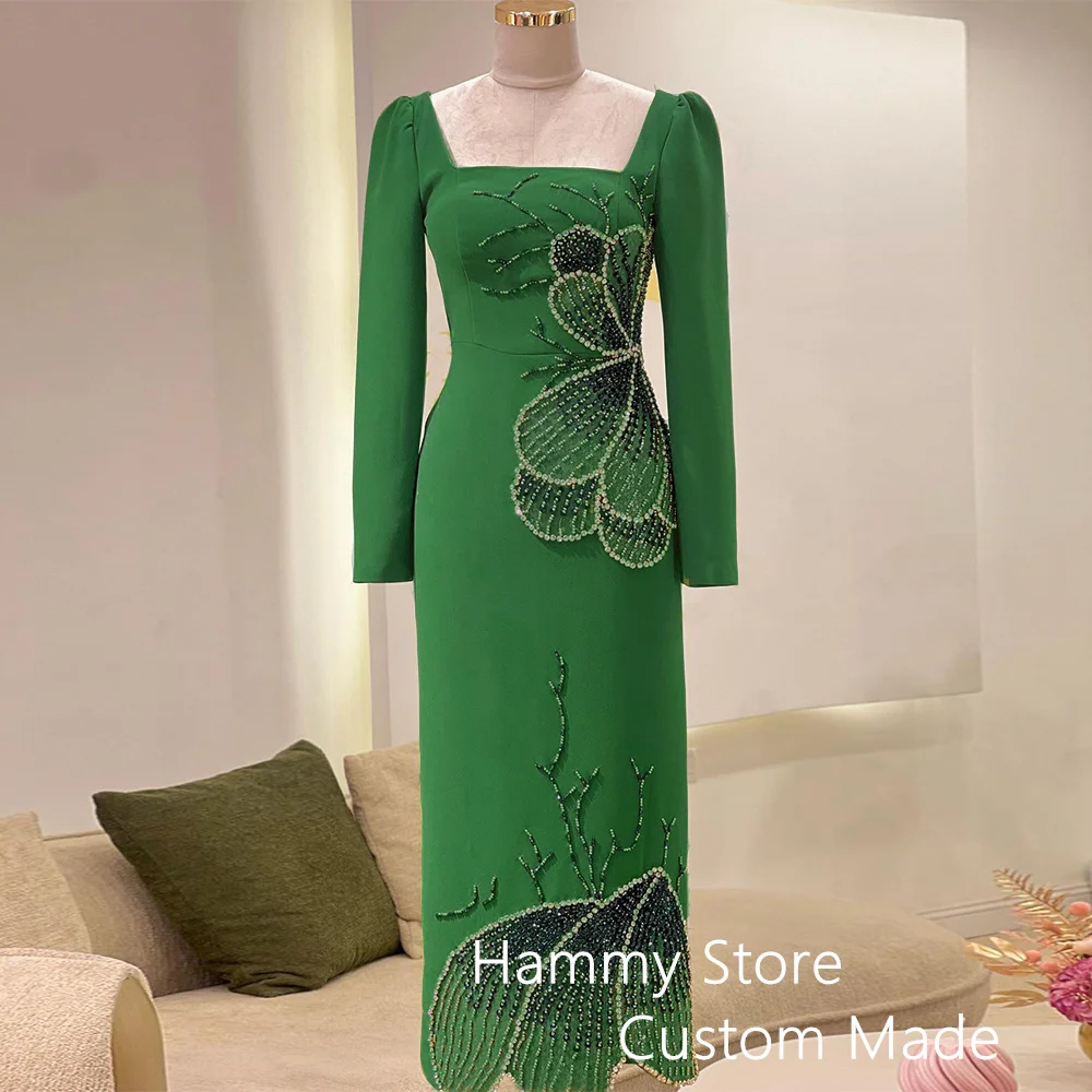 

Luxury Evening Dress Anke Length Square Neck Long Sleeves Heavy Sequined Beadings Straight Emerald Green Prom Gown Party Dresses