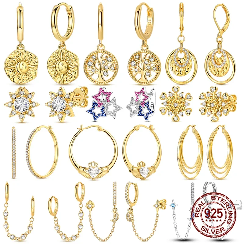 

Golden Tree of Life Earrings 925 Sterling Silver Sun Moon Double Ear Hole Hoop Earring for Anniversary Wedding Jewelry Gifts