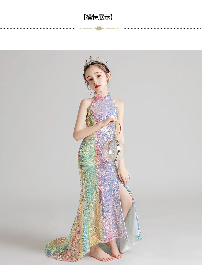 Mädchen Pailletten lange Ballkleid funkeln Abend Abschluss Performance Kleid Kinder Teen Geburtstags feier Kleid bodenlangen Schwanz Kleid – Detail 4
