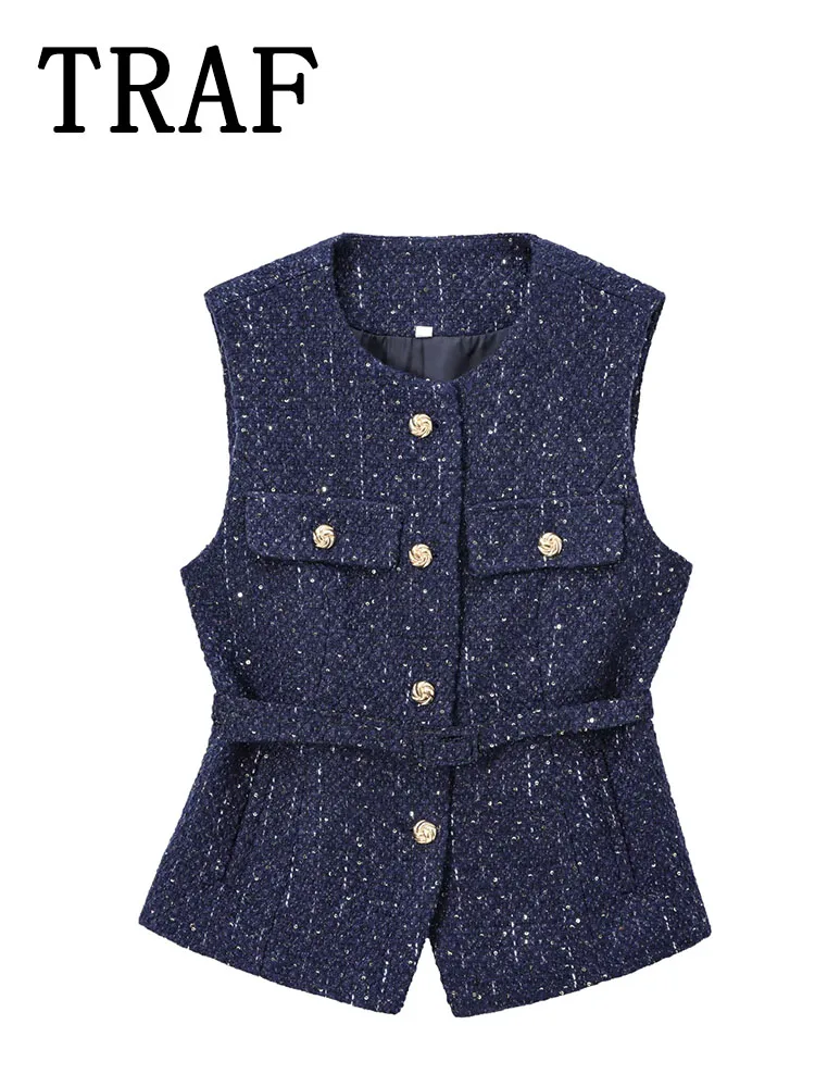 TRAF Текстура Элегантный топ без рукавов Женский уличный стиль Приталенный жилет Топ Женский 2024 Топ без рукавов Женские летние короткие топы