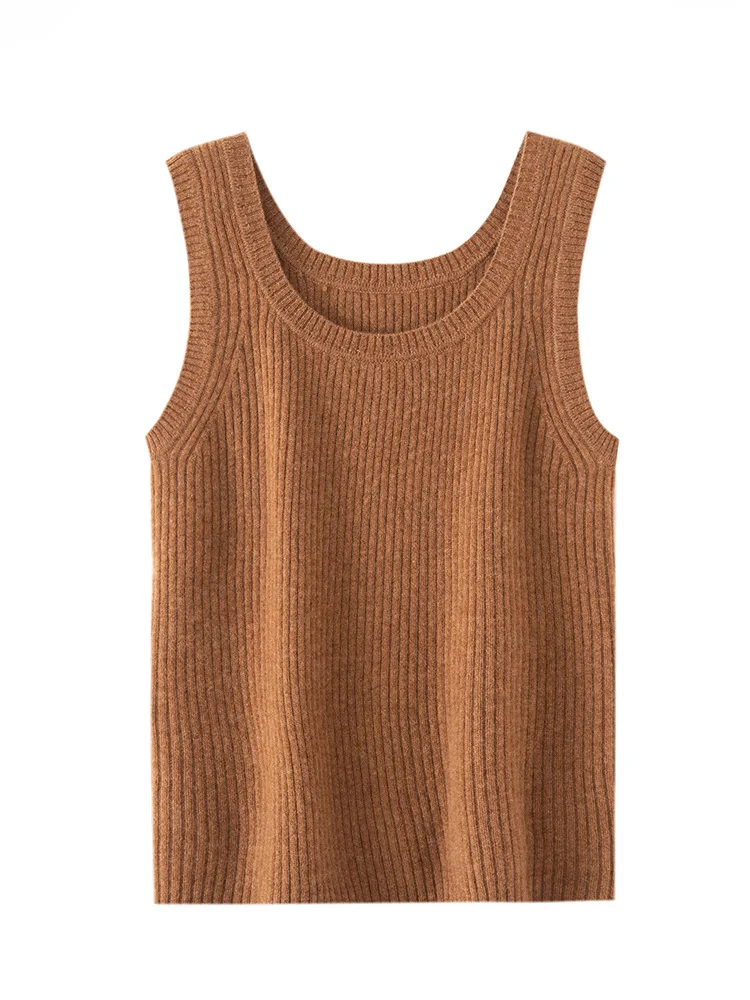 Autumn Winter Soft 100% Pure Cashmere Broadband Vest Women U-neck Soild Pit Stripe Slim Fit Knit Basic Inner Outwear Suspenders