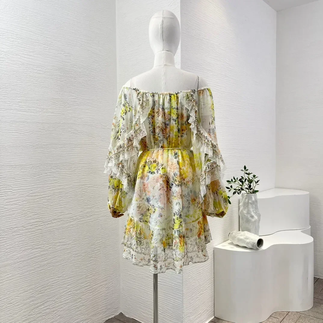 Yellow Floral Print Long Sleeve Off-shoulder Strapless Mini Dress Diamond Embellishments Elegant Dress