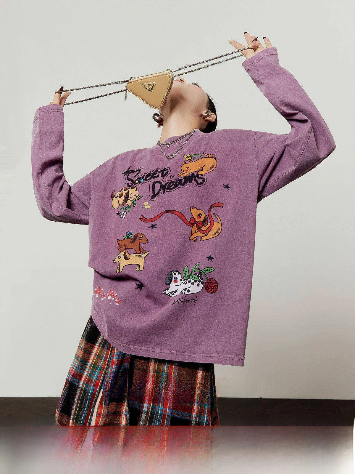 

Zhou Li Wu Purple T-Shirt Women's round Neck Print Design Spring 2026 Loose Fit Long Sleeve Cartoon Dog Graphic Top