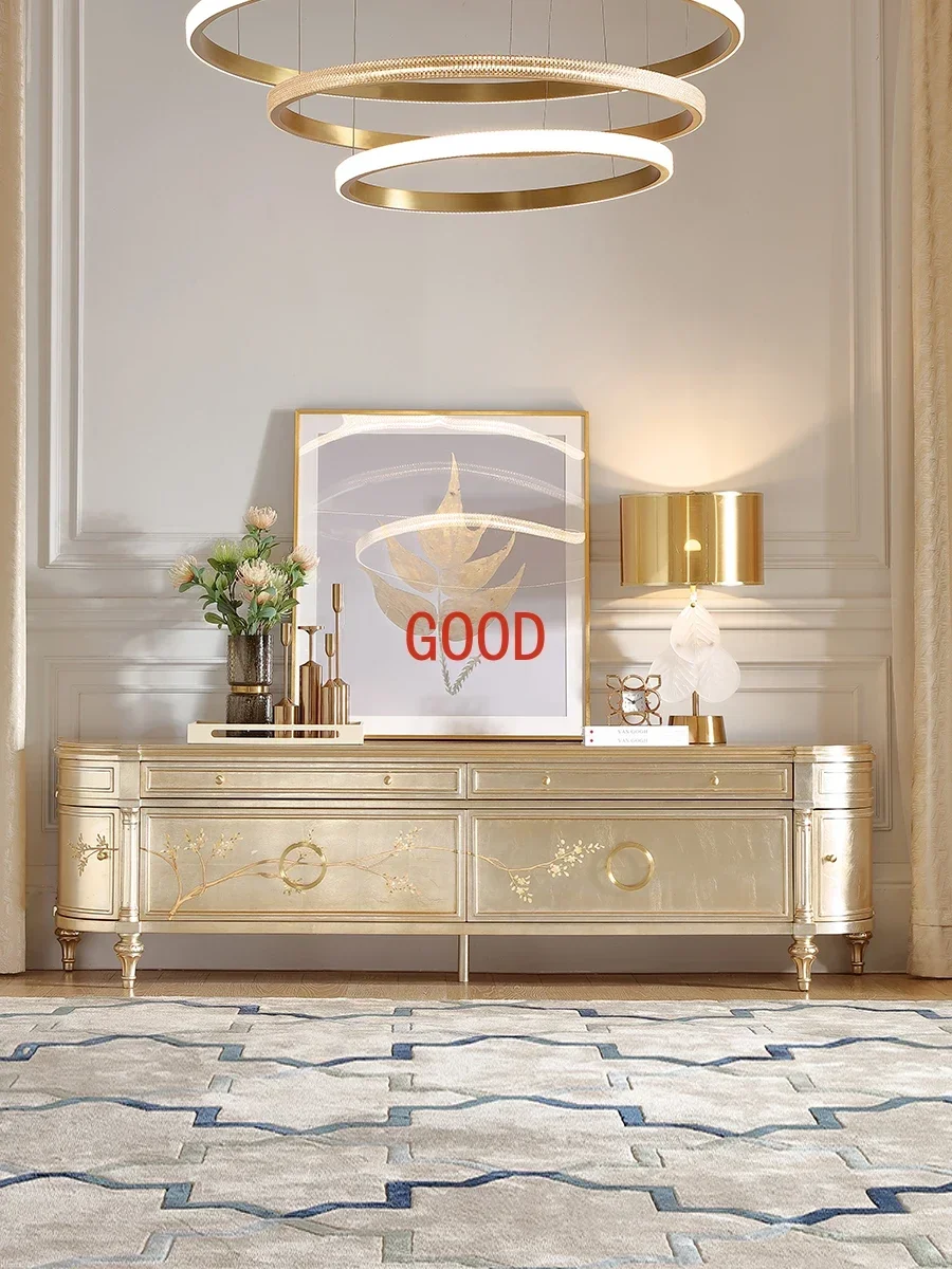 

Французский светлый роскошный шкаф для телевизора из массива дерева, окрашенный серебряной фольгой, шкафчик для хранения в европейском стиле в стиле ретро