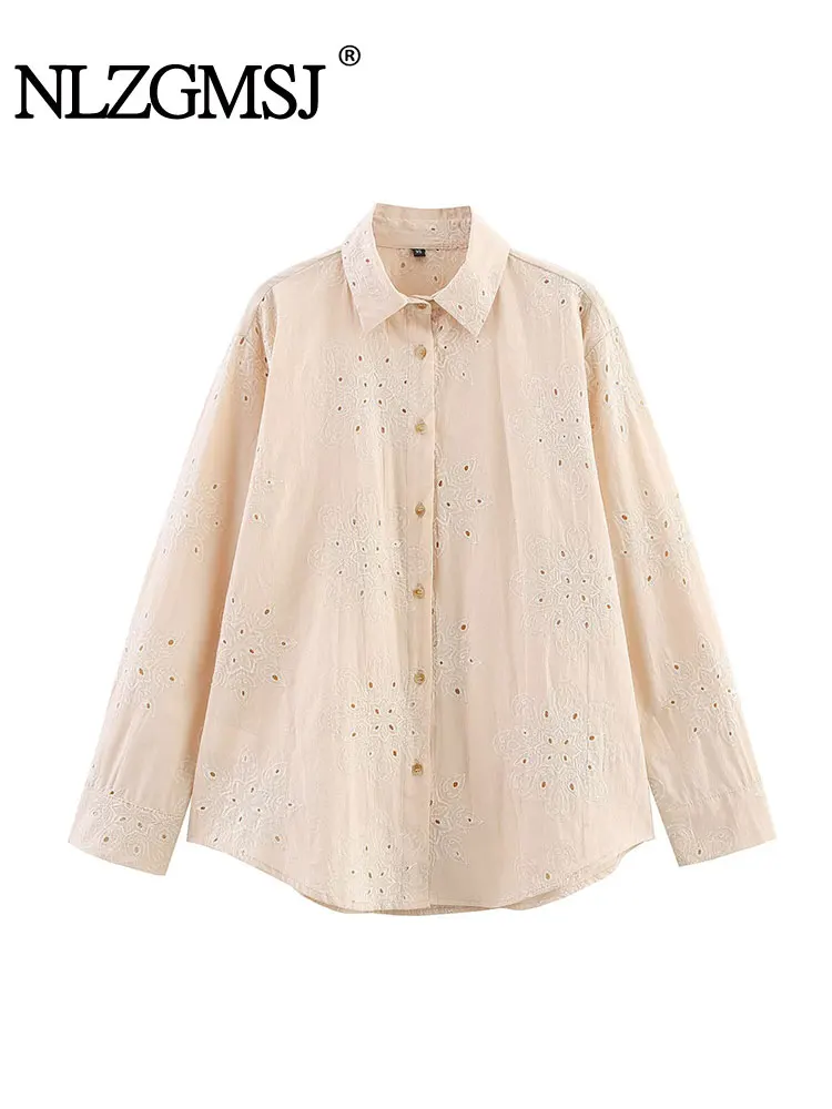 

Casual Chic Women Blouse Solid Hollow Embroidery Long Sleeve Single Breasted Blouse Fashion 2025 Spring Summer Shirts