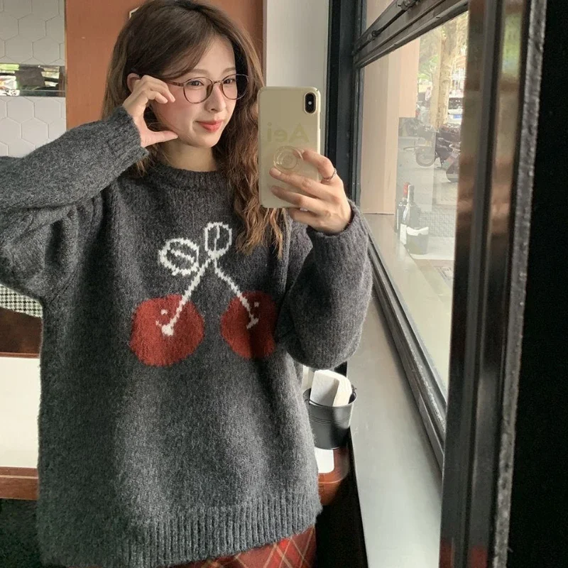 Vintage Sweaters Women Cherry Pattern Baggy Cute Korean Style Knitting All-match Youthful Popular Streetwear Long Sleeve Autumn