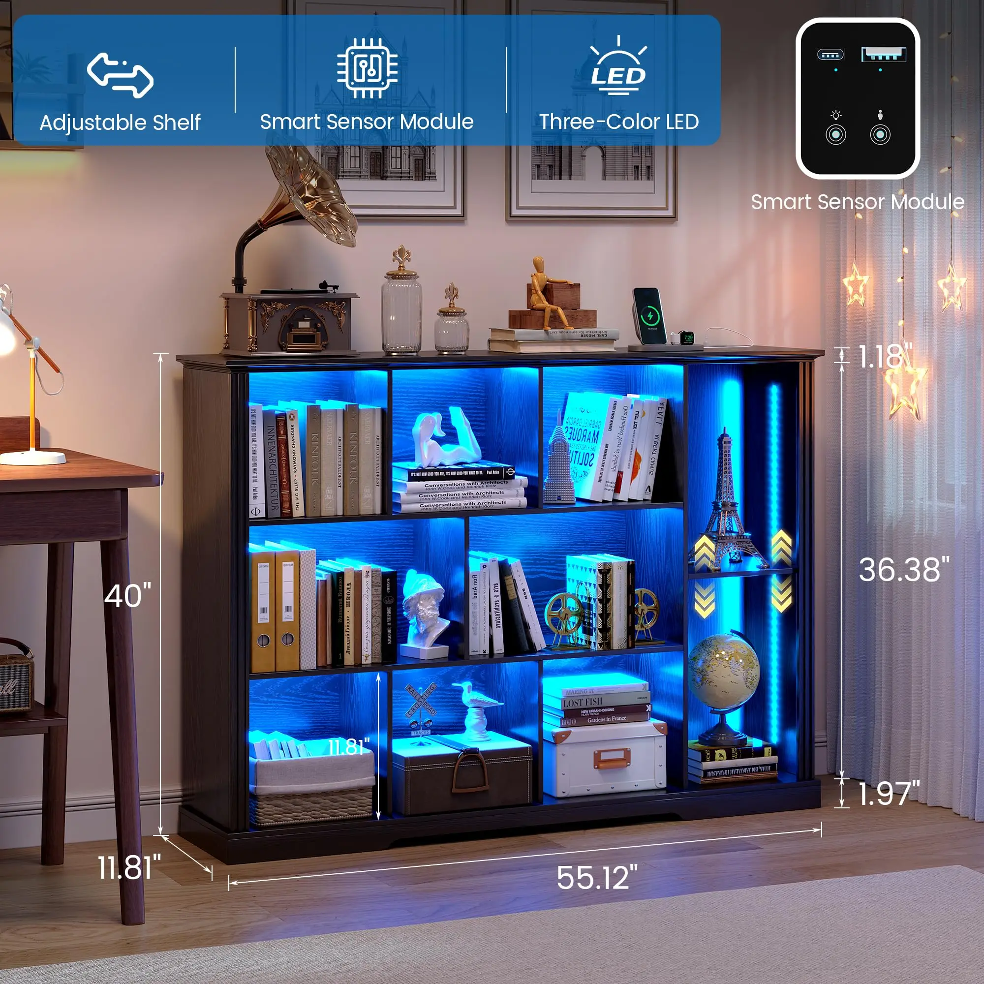 LED Bookcase with Charging Station & Motion Sensor, Black