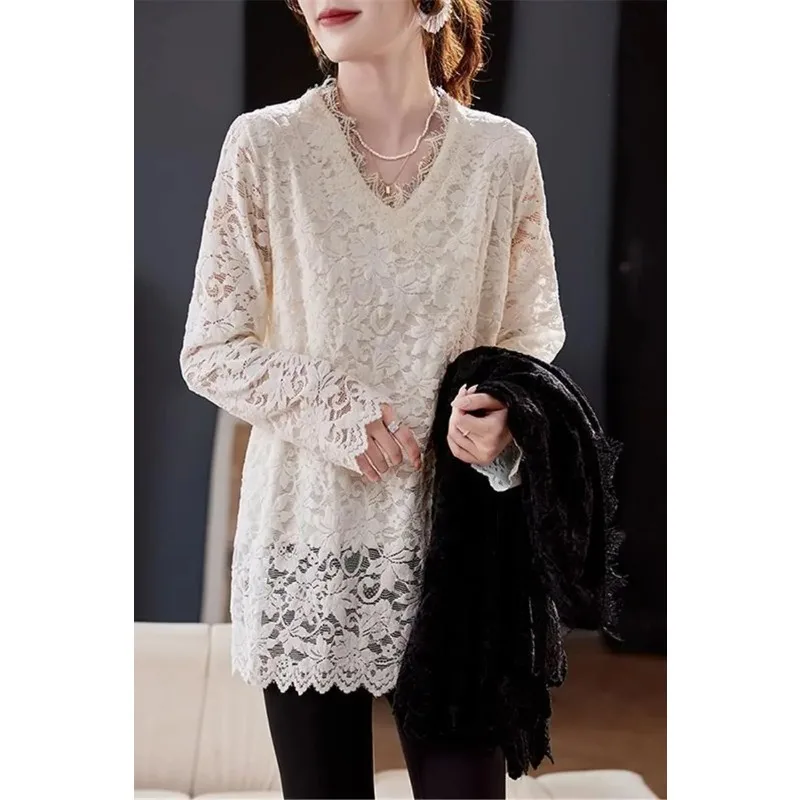 Autumn Winter New Style V-neck Fashion Temperament Versatile Lace Shirt Women's Style Foreign Style Hollow Versatile Trend