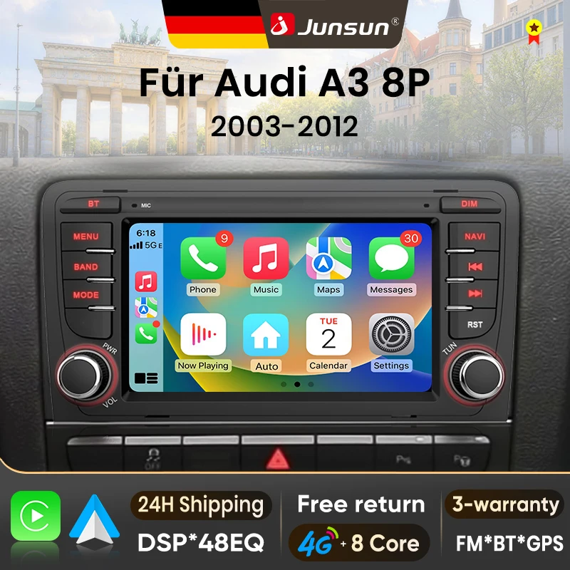 Autoradio Android 15 7 pouces Junsun pour Audi A3 8P S3 2003-2012, sans fil, compatible Apple CarPlay, écran tactile IPS, lecteur multimédia vidéo, système intelligent automobile, autoradio 2 Din, GPS, navigation, BT, 4G, WIFI, 8 cœurs, FM, DSP, RDS, SWC, DAB+