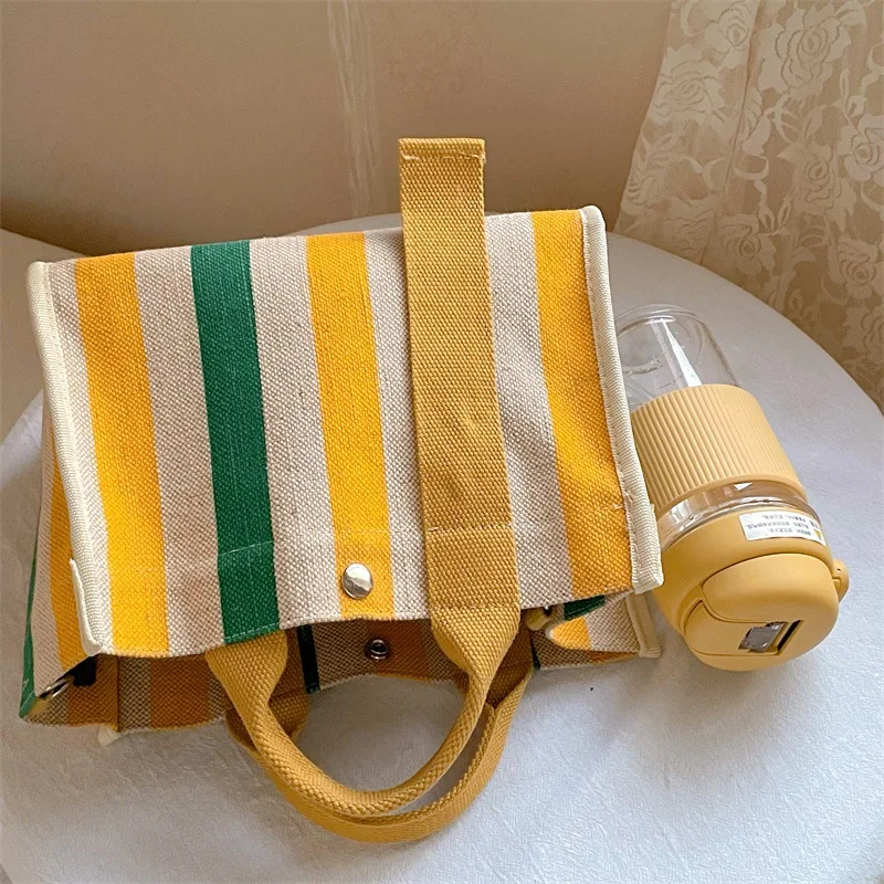 Rainbow Stripe Cotton Linen Canvas Bag Women Waterproof 2024 New Single Shoulder Crossbody Tote Large Bag Portable Commuting