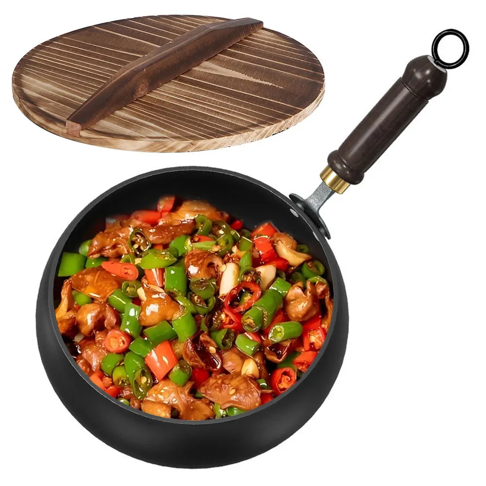 

Iron Wok with Wooden Handle Uncoated Iron Pan Flat Bottom Iron Pot for Indoor and Outdoor Cooking