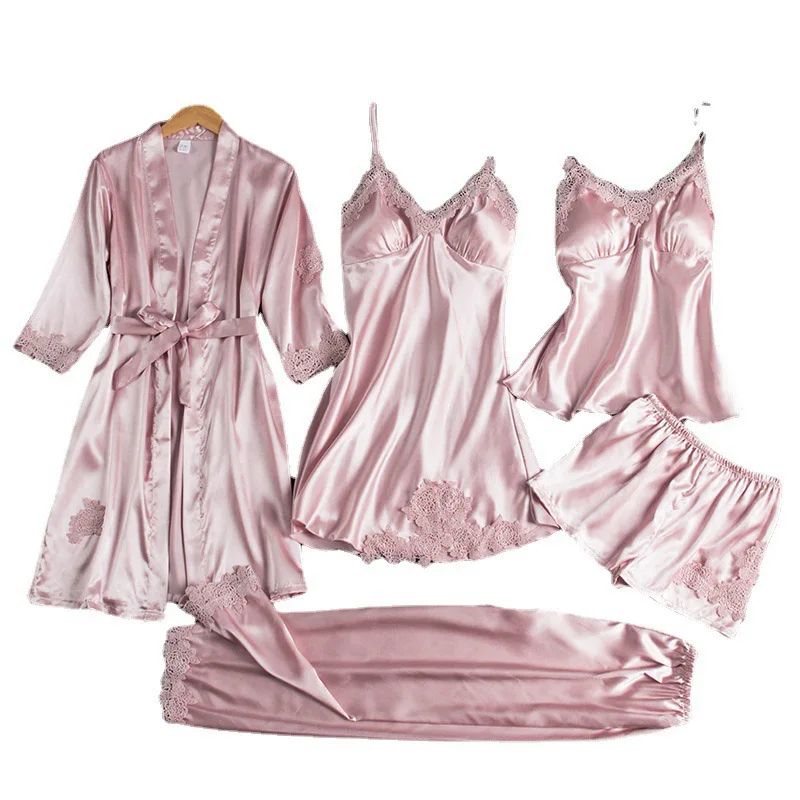 5PC sexy and fashionable silk sleepwear set with lace satin for spring ansummer women's clothing camisole skirt pajama bathrobe