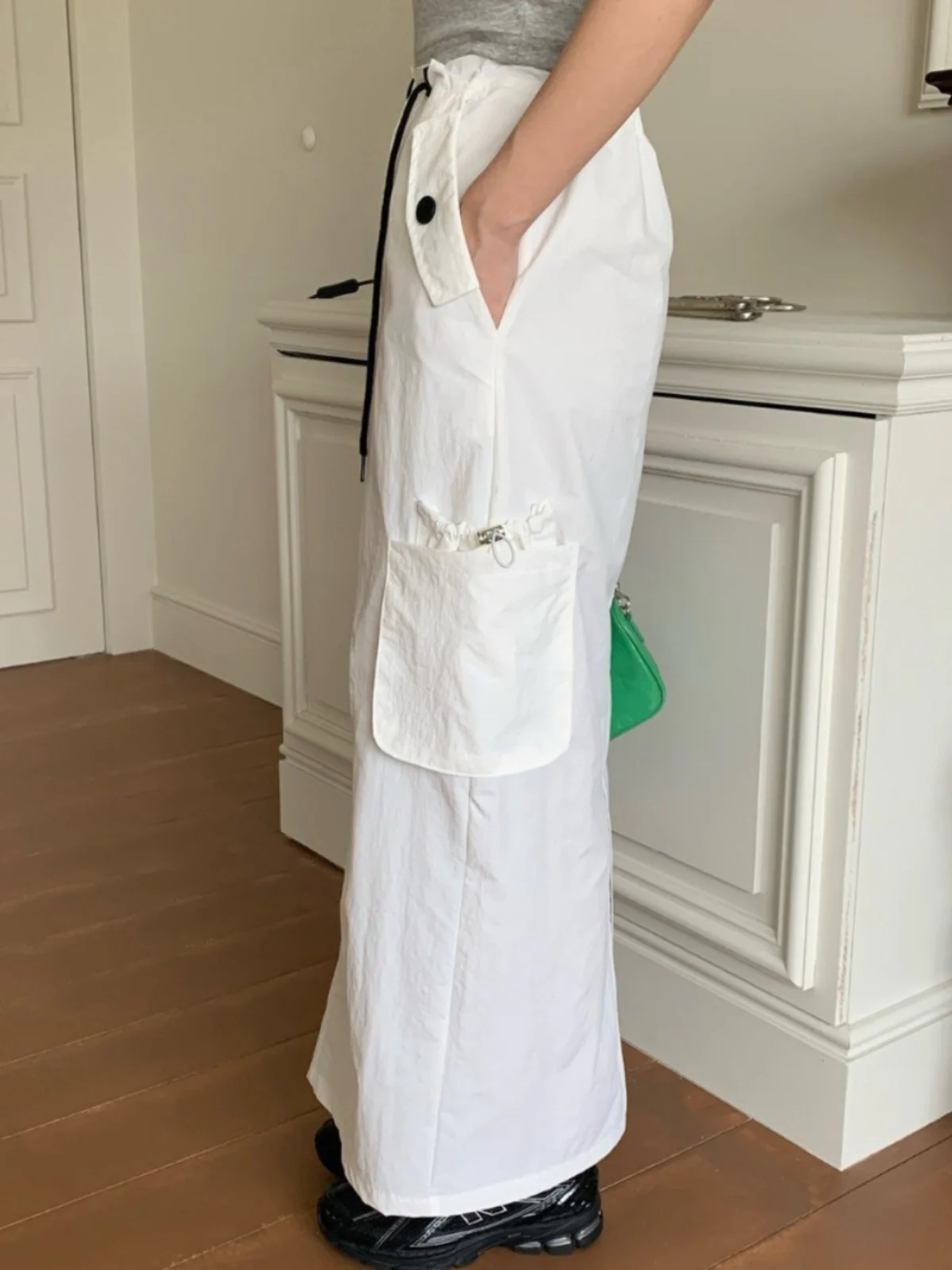 กระโปรงมิดิผู้หญิงทรงหลวมเก๋ไก๋พร้อมเอว Dstring Ba Split กระโปรงยาวผ้าฝ้ายตรงลำลองสำหรับการเดินทาง