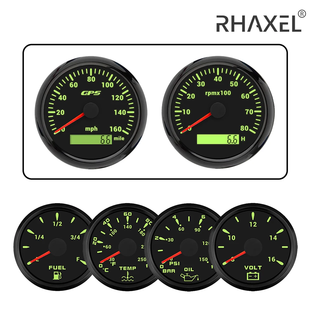 RHAXEL 6 Gauge Kit 85mm Auto Truck 160MPH Speedometer GPS Tachometer 8000RPM Fuel Level Water Temp. Oil Presseure Voltmeter 12V