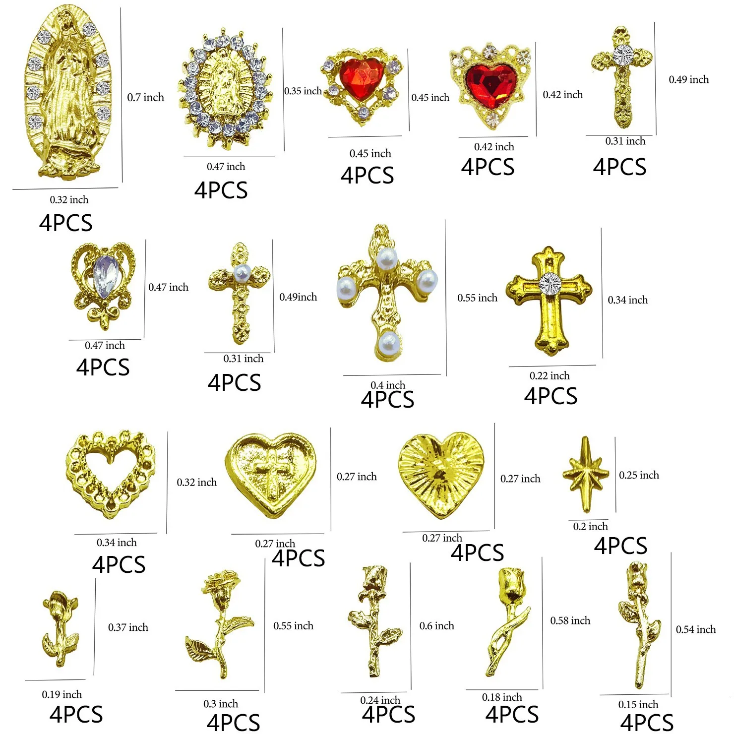 72pcs Gold Nail Charms Set with Gold Cross, Hearts, Rose, and Virgin Mary - Y2K 3D Chrome Nail Decorations