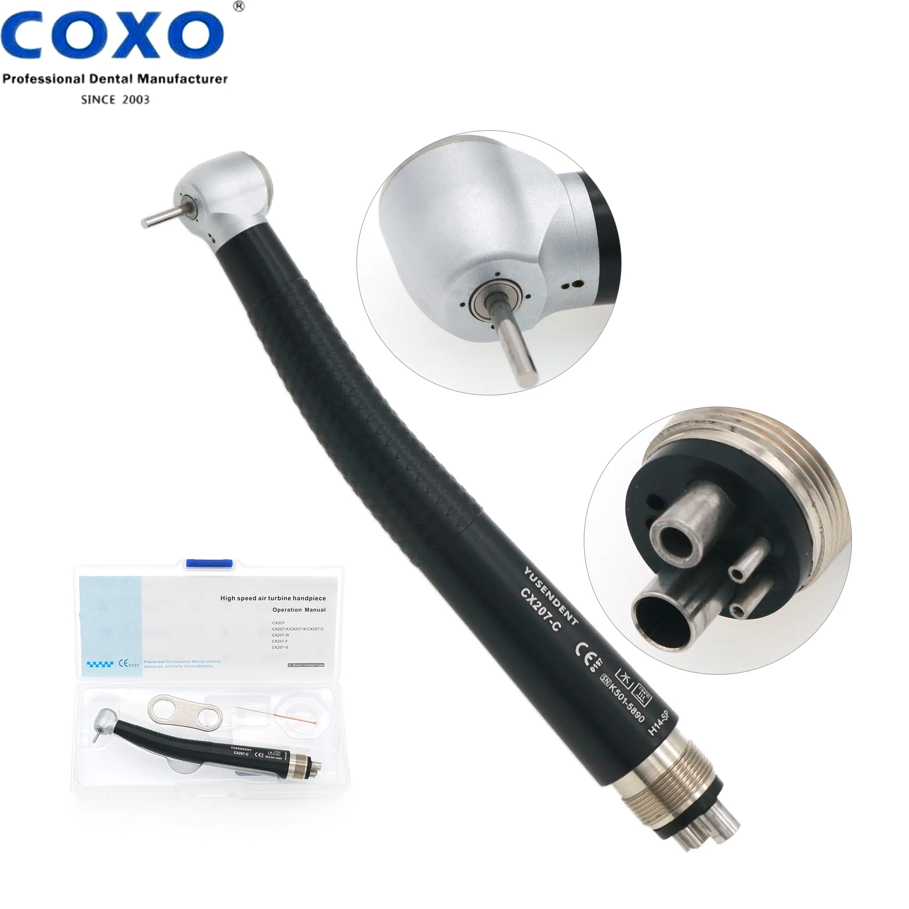 

COXO YUSENDENT Dental High Speed Handpiece 4Hole Single Water Spray Push Button Standard Head Black