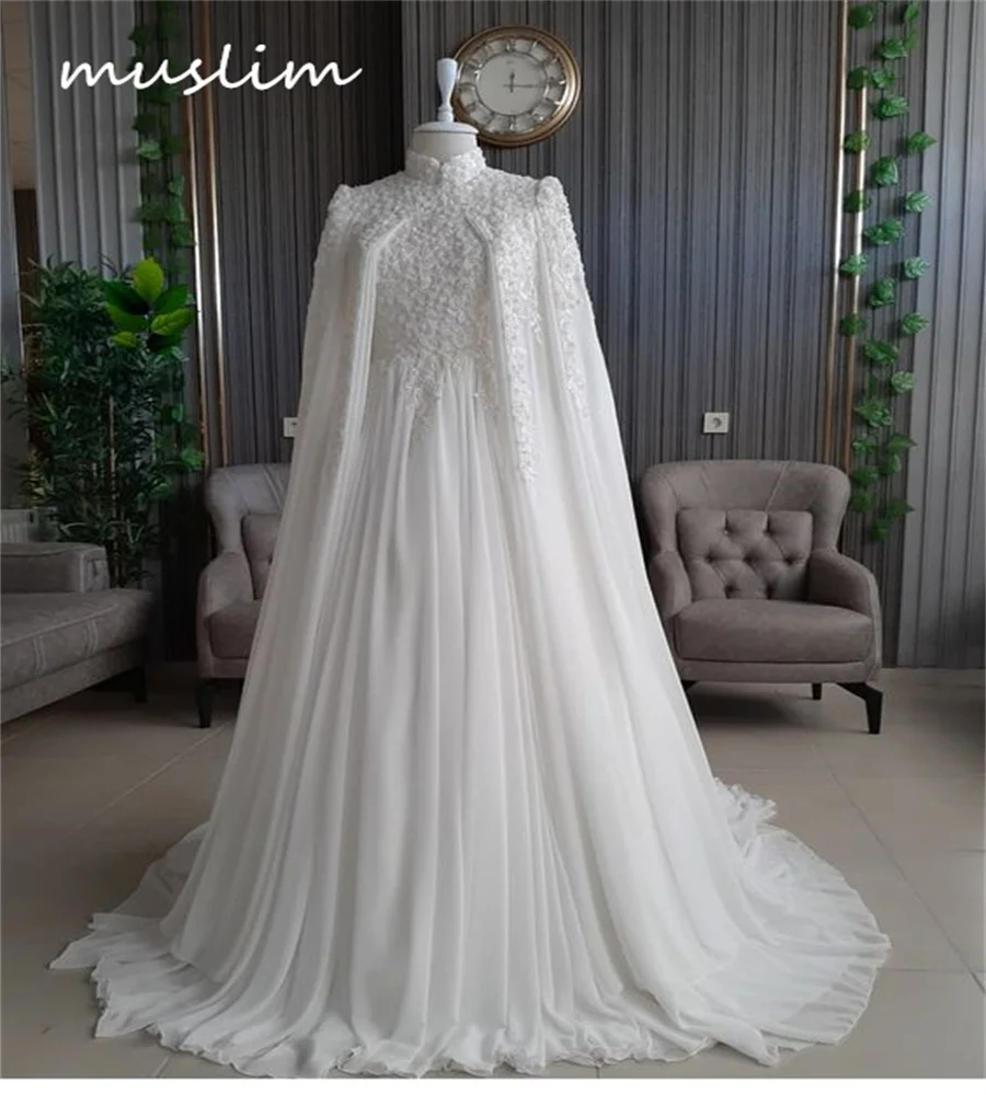 Luxury Muslim Wedding Dress Caucasian Elegant Beaded Lace Islamic Princess Bridal Dress With Caped Chiffon Bride Customized