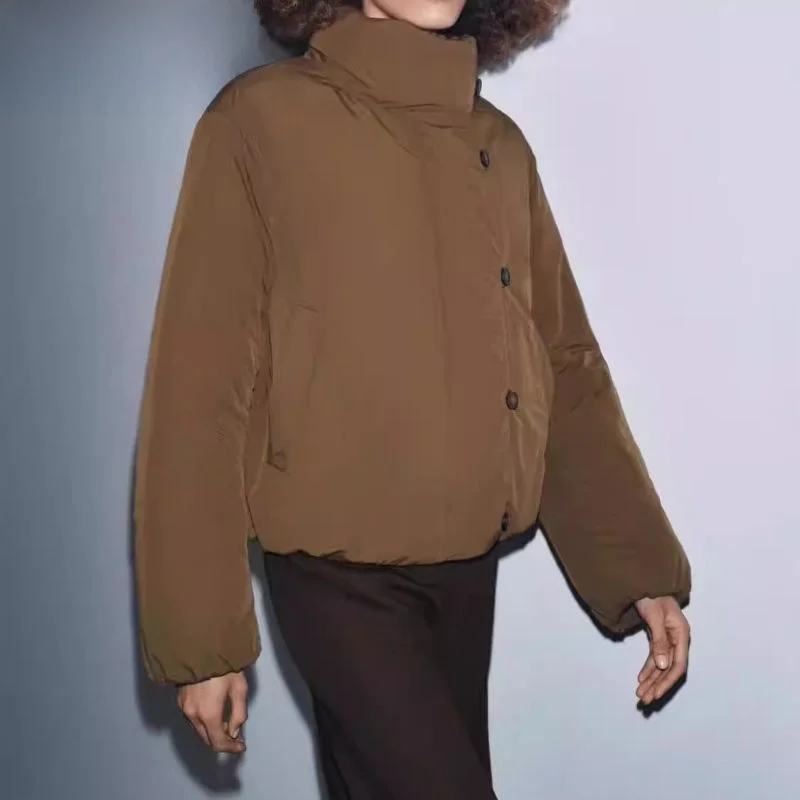 

Новинка зимы: Женская повседневная укороченная куртка с высоким воротником, длинными рукавами, из хлопка, на одной пуговице, в корейском стиле, прямого кроя.