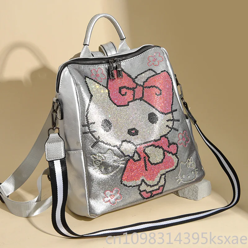Sanrio Backpack for Women Girl Cute Large Capacity School Bag Portable Luxury Designer PU Leather Bag Studded with Diamonds