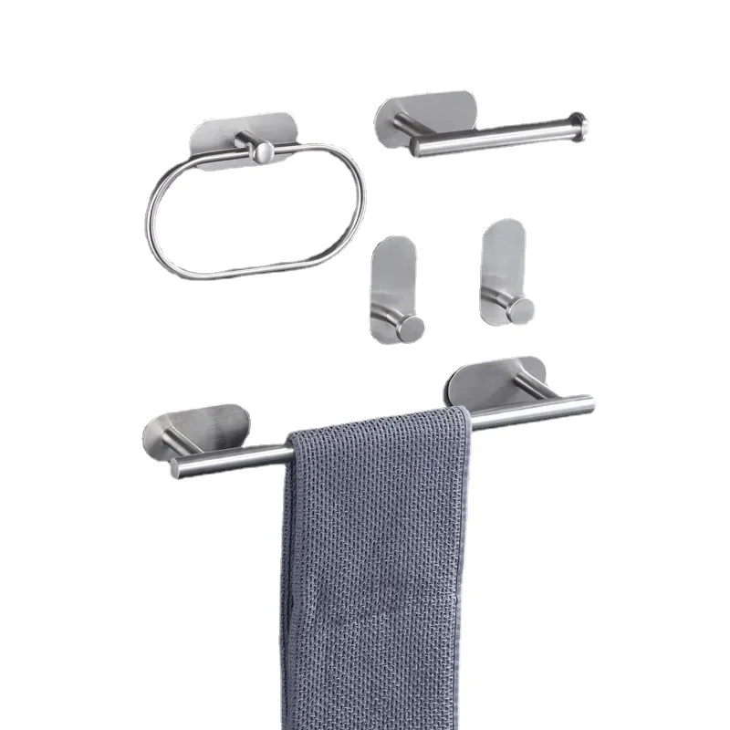 Stainless Steel No Drilling Self-adhesive Towel Bar Paper Holder Robe Hook Towel Rack Black Silver Gold Bathroom Hardware Set