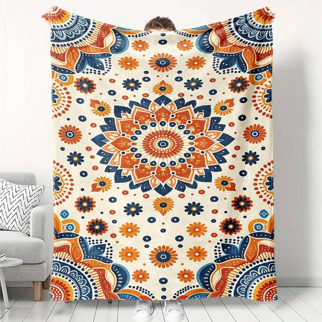 Retro Orange Blue Central Mandala Floral Beige Base Flannel Throw Blanket Warm Cover For Sofa Bohemian Ethnic Home Decor Gift