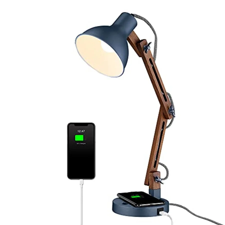 

Sapele Wood Desk Lamp with Upgraded Wireless Charger, Swing Arm Table Lamp with USB C Charging Port, Reading Task Light for Bed