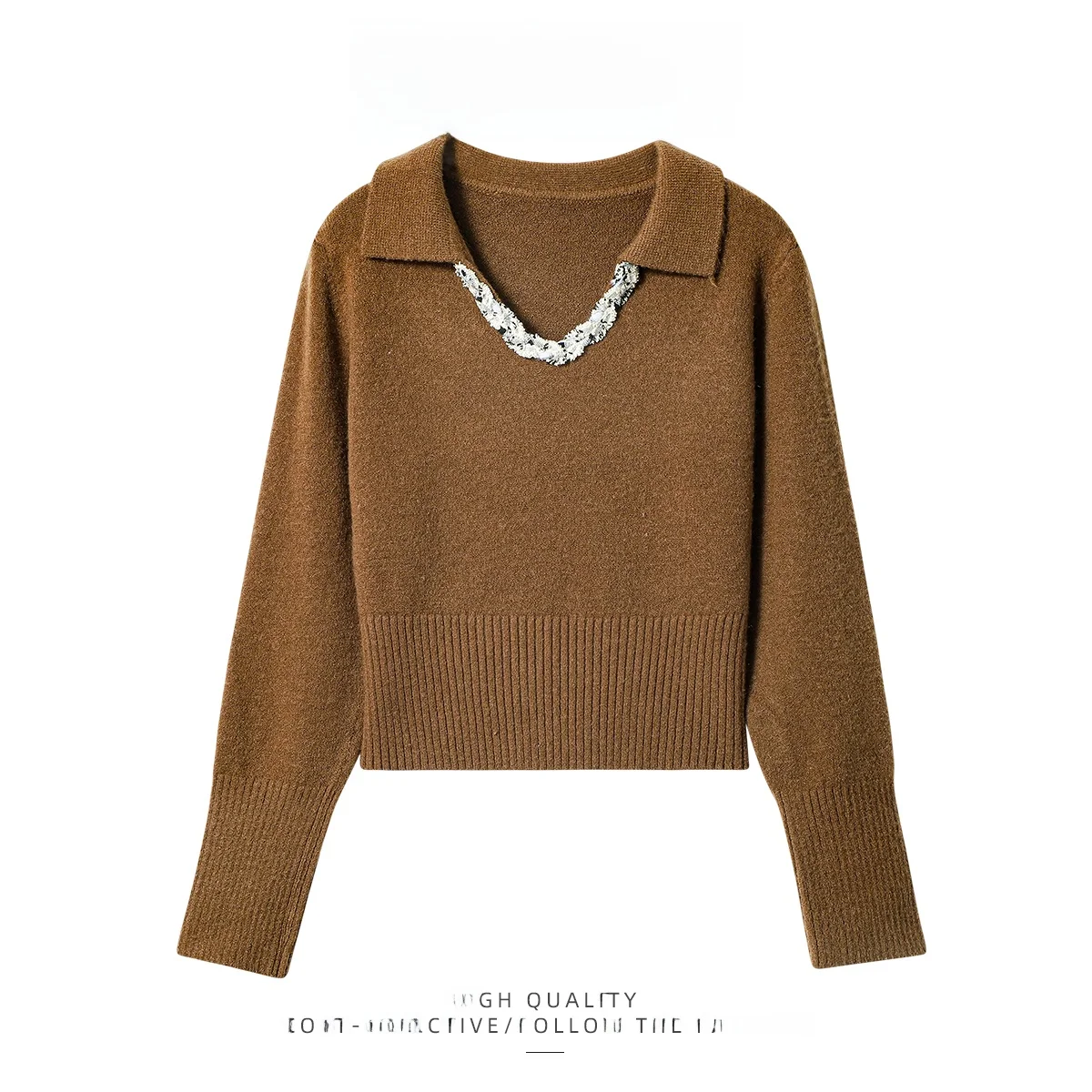 

PAIXIANG Retro Lapel Heavy Knitting V-Ne Knitwear Women's Autumn Winter High-End Sensation Ele Sweater Top