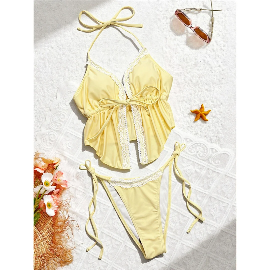 Sexy Spitzen-Halter-Tankini mit hohem Beinausschnitt, Damen-Bikini, zweiteiliger Badeanzug, Badebekleidung, Badeanzug, Modell V8157. – Detail 4