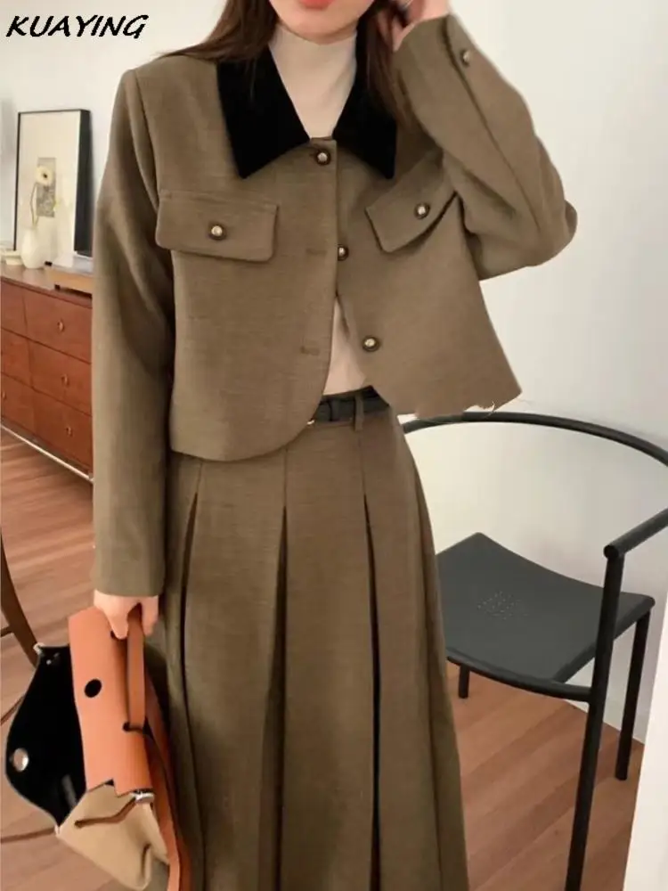 French Casual Formal Blazer Long Skirts Suit Women Vintage Business Suit Jackets Midi Saya Two Pieces Female Outfits Autumn New