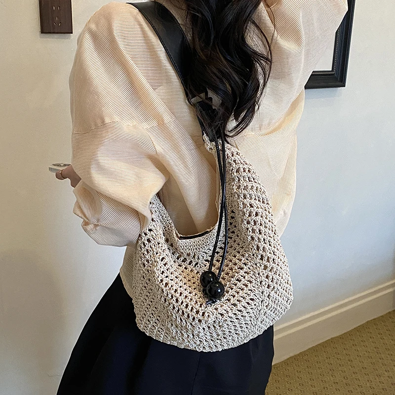Boho Style Shiny Mesh Woven Straw Tote Bag for Women Hollow Out Casual Shoulder Bags with Drawstring 2026 Summer New Handbags