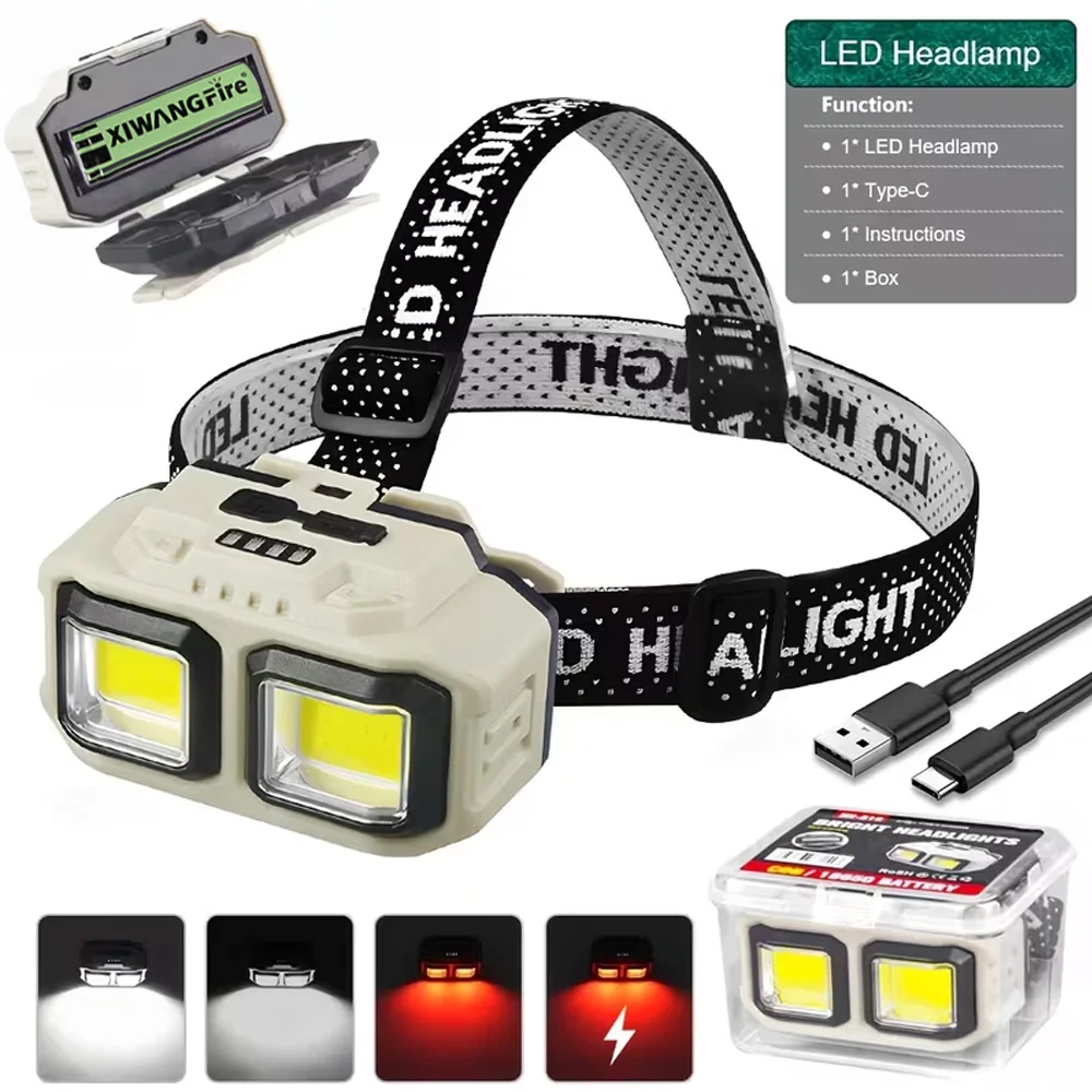 

Мощный светодиодный индукционный налобный фонарь, перезаряжаемая через USB лампа с 4 режимами освещения, уличный водонепроницаемый фонарь для кемпинга, рыбалки и горнодачи