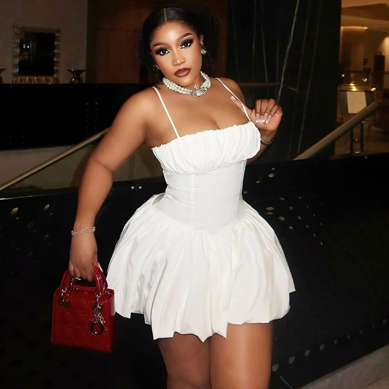 

2025 Fashion Women’s Solid Color Sexy Sleeveless Puff Skirt Mini Dress with Waist Cinching and Slim Fit for Evening Party Dress