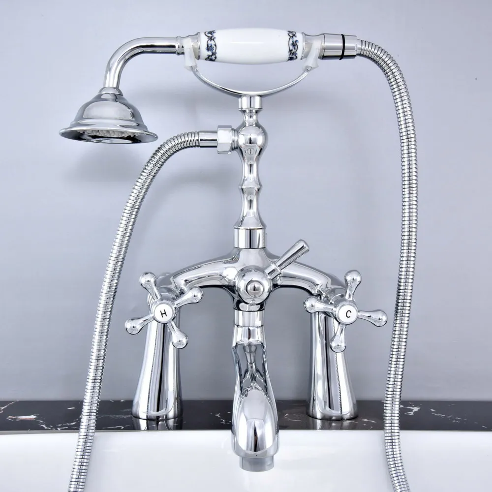 

Modern Silver Chrome Brass Deck Mounted Bathroom Tub Faucet Set with 1500MM Handheld Shower Spray Head Bath Mixer Tap 2tf756