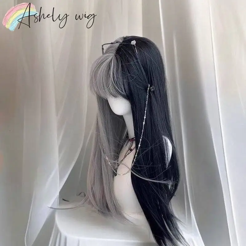 Ashely Half Black Gray Wig with Bangs 26inch Long Straight Wigs Lolita High Temperature Fibers Synthetic Wigs forAll Saints' Day