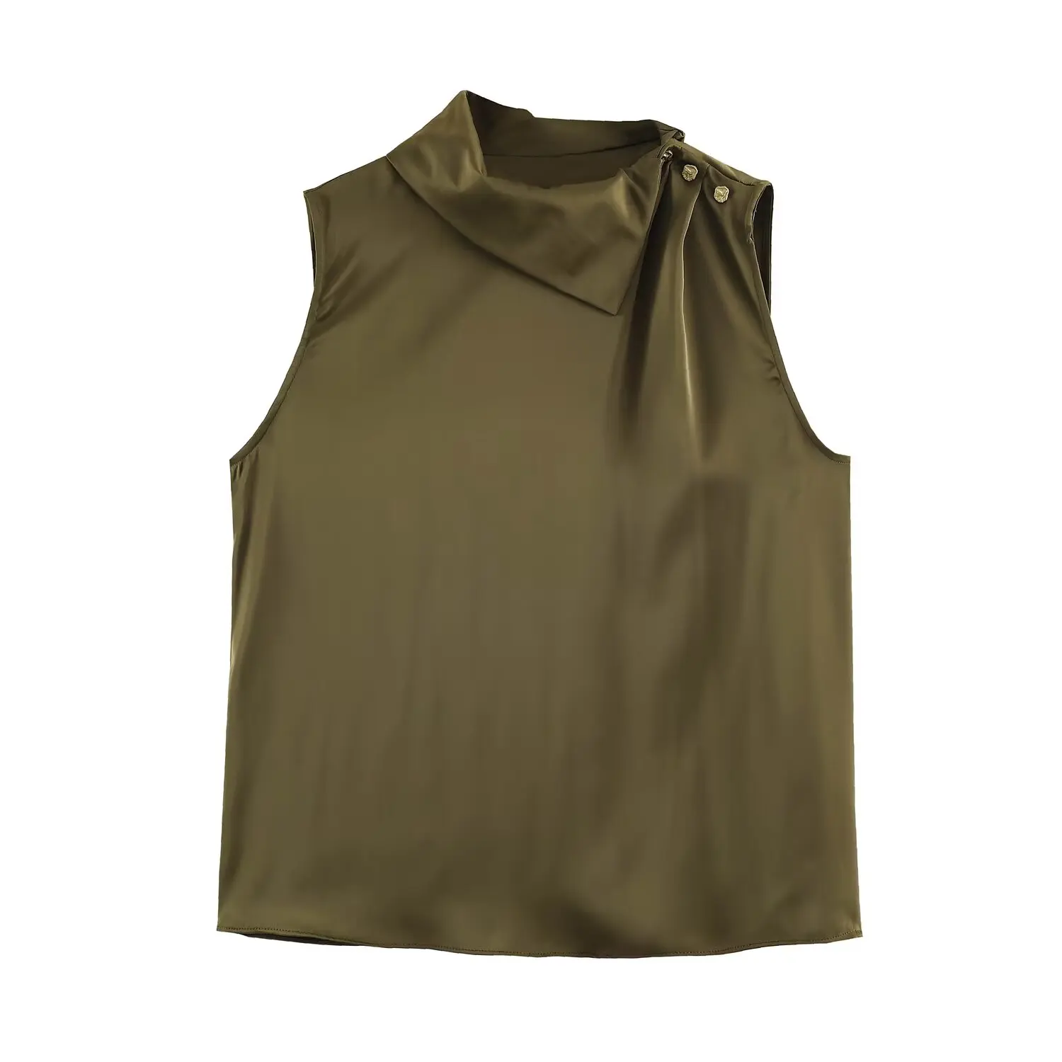 BSAY 2026 Neues Minimalistisches Satin-Zweiteiler-Set mit Drapierter Kragenpartie, Ärmellosem Oberteil mit Schulterknöpfen und Tailliertem Midi-Rock für Damen – Detail 4