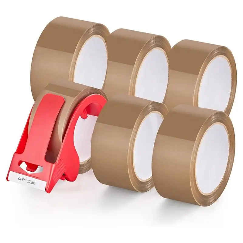 

ABMS-6 Rolls Brown Packing Tape With Dispenser As Shown 60 Yards Per Roll Heavy Duty Packaging Tape Refills