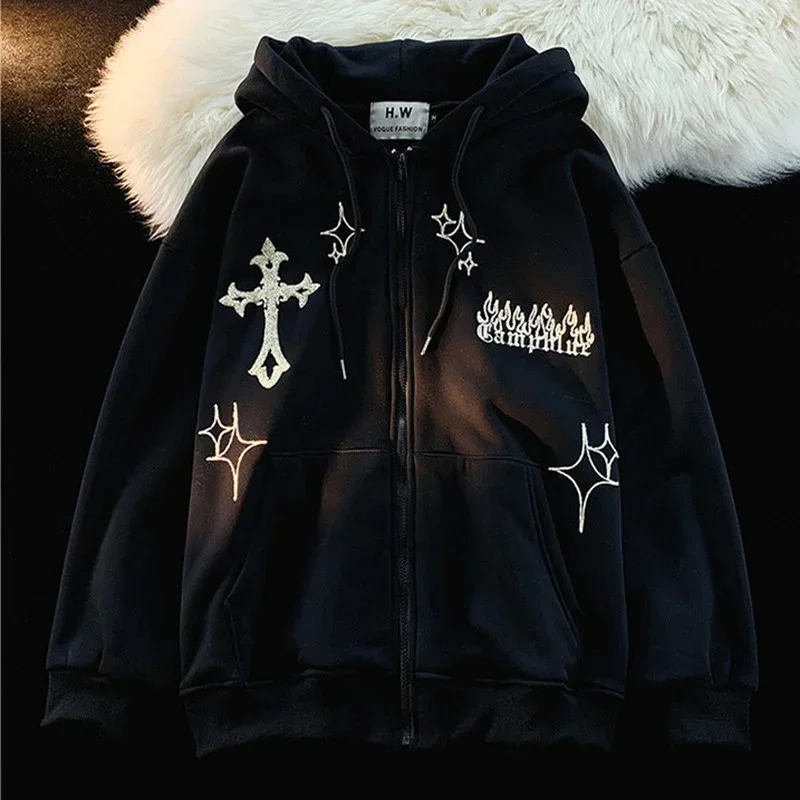 Harajuku Embroidery Sweatshirt Women Oversized Zip-Up Hoodies Gothic Hip Hop Hooded Streetwear Female Hoodie Y2k Full Jacket