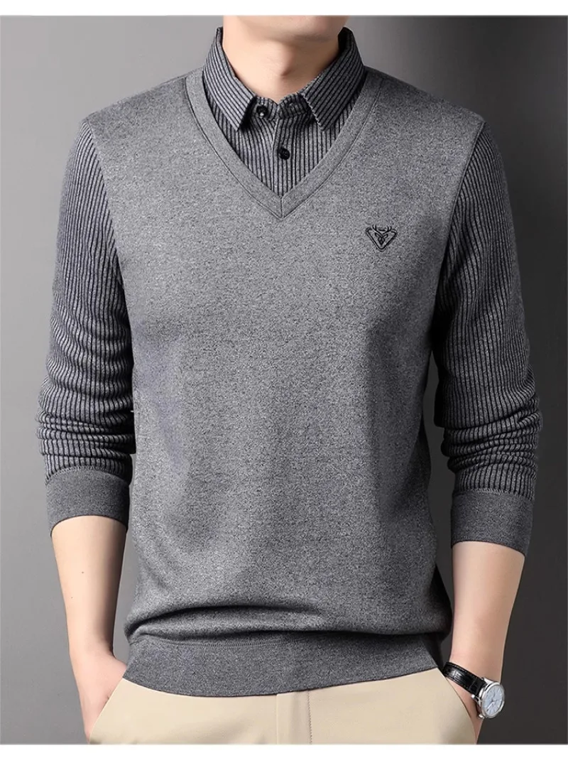 

Highend Men's Knitwear Fake Two Piece Shirt Long Sleeve Fashion Embroidery Shirt