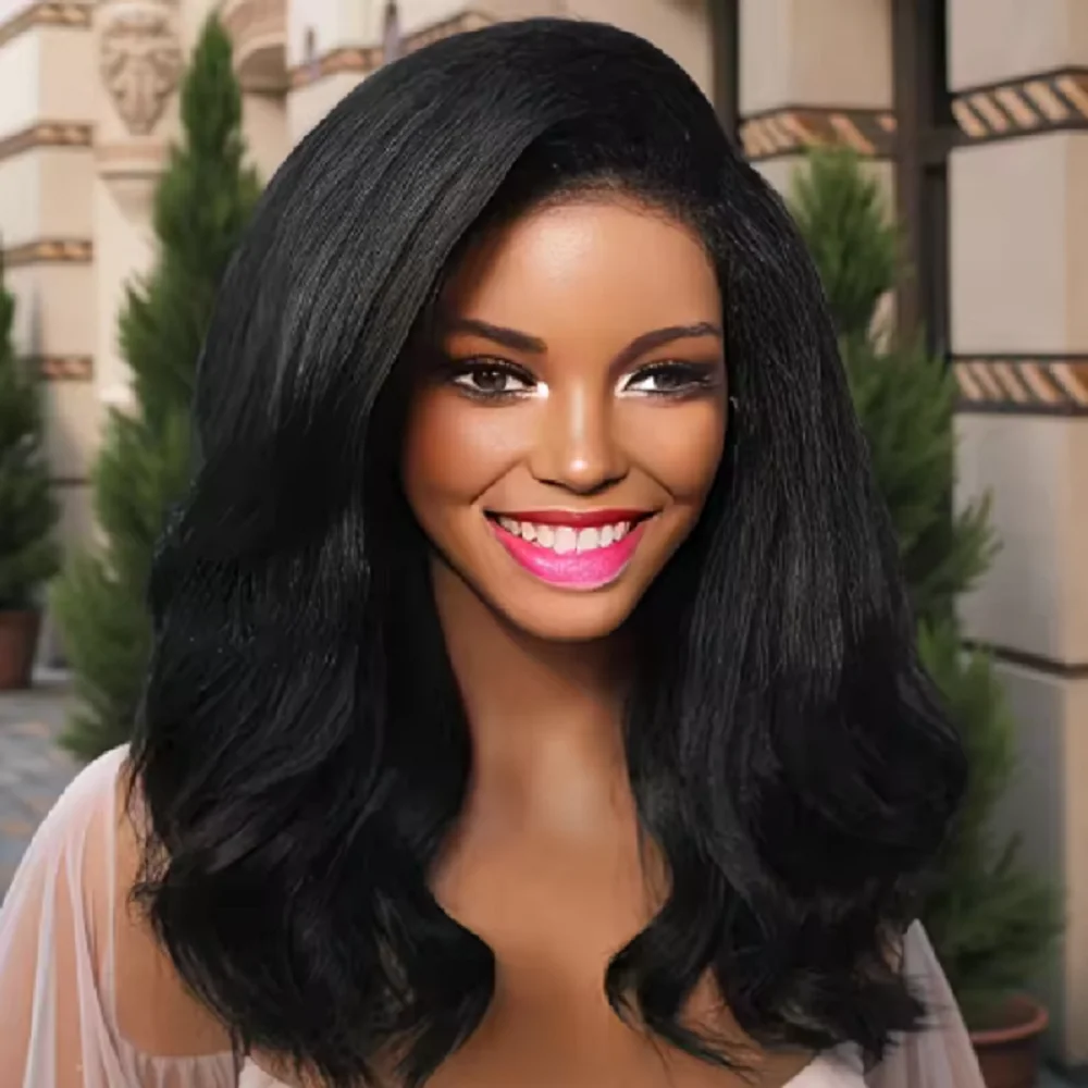 

Предварительно выщипанные 180 Плотность 26 дюймов Черный Яки Кудрявая волна Линия волос 13*4 Парики фронта шнурка для женщин с волосами ребенка Хорошая текстура