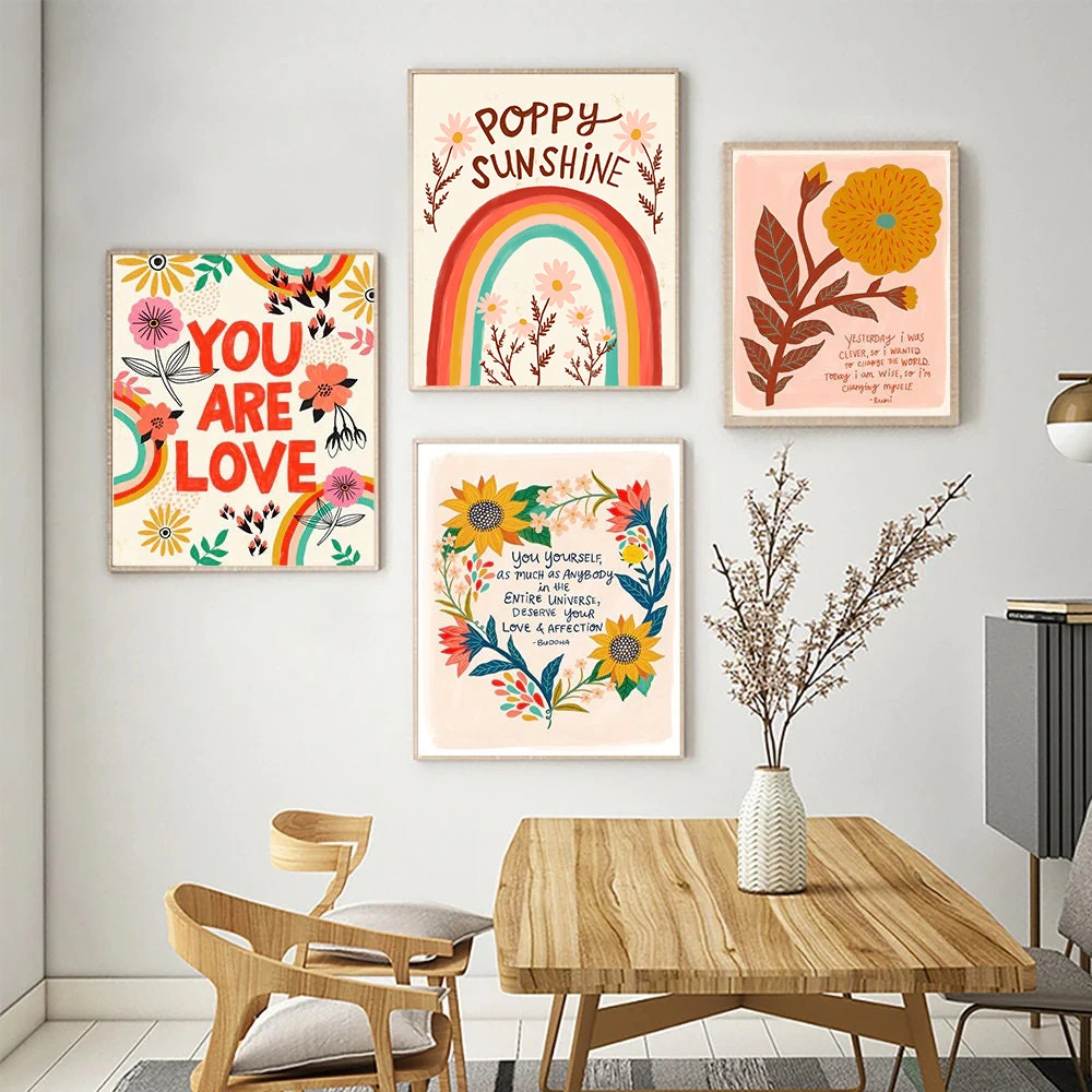 Inspirational Quote Flower Design Canvas Painting Colorful Boho Rainbow Wall Art Poster Print Girl Room Nursery Decor Picture