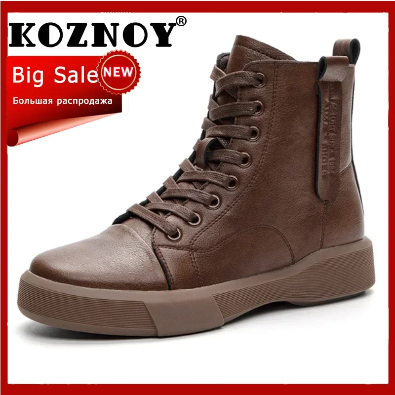 Koznoy 4cm British Style Genuine Leather Retro Lace Up Hight Top Motorcycle Ankle Boots Autumn Winter Woman Plush Flats Shoes