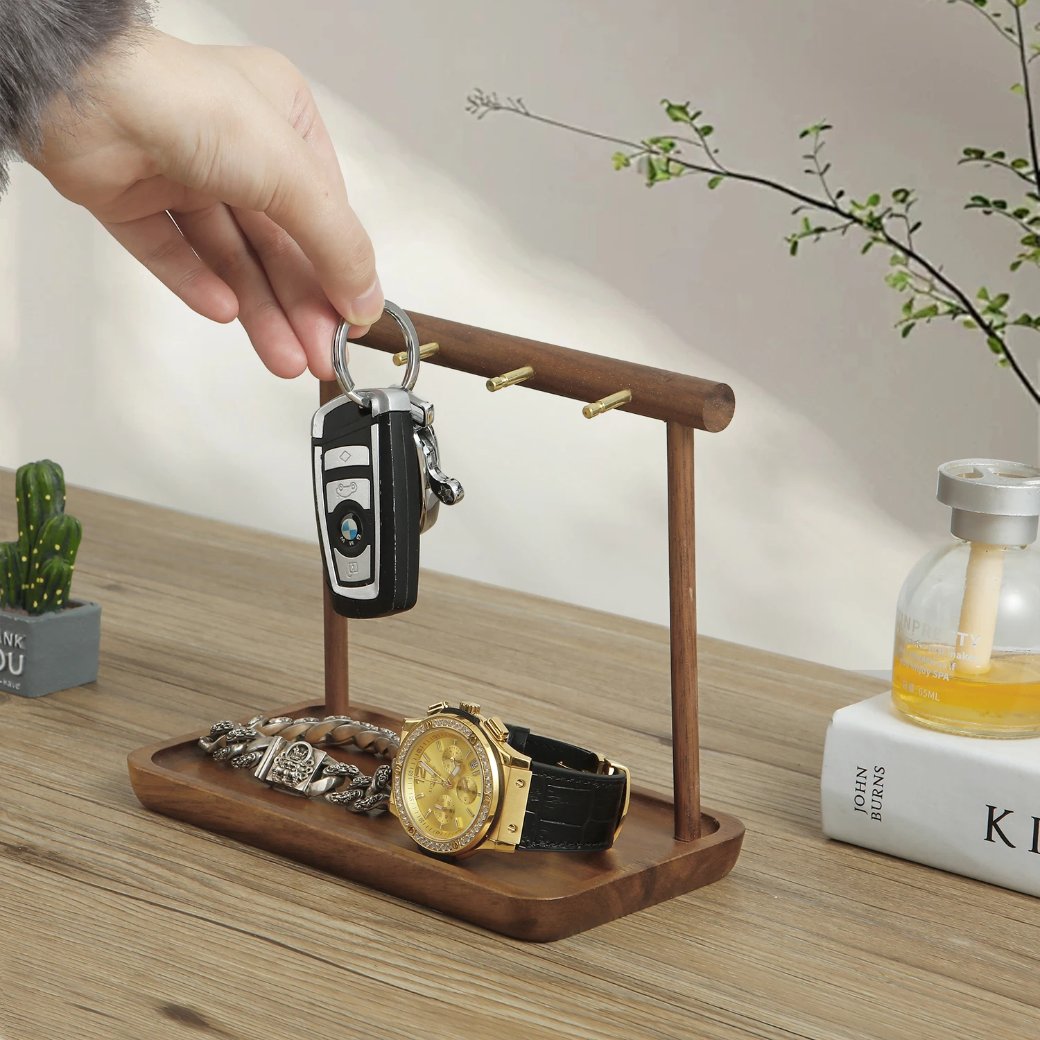 Walnuss-Schmuckhalter, Armband, Ohrringe, Halskette, Uhr, Schmuck-Organizer, Ständer mit Holzsockel, modernes Aufbewahrungsregal – Detail 4