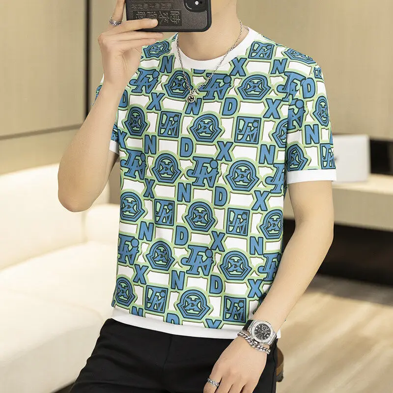 

Men's Summer Thin High-end European Faion round Ne ort Sve T-irt Printed Lightweight Breathable Loose Fit T-irt