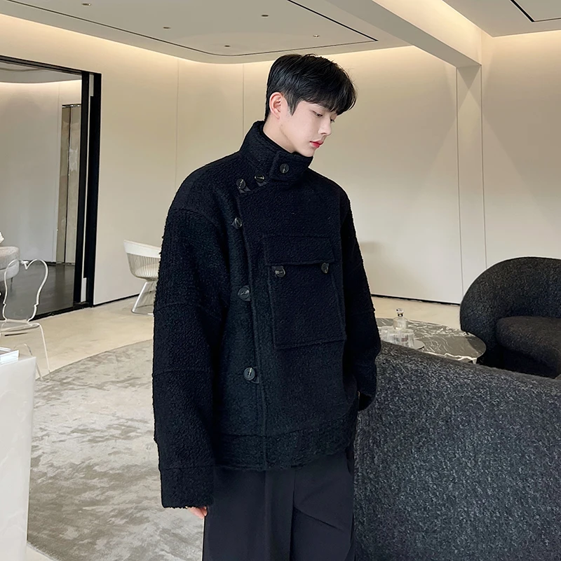 Fashionable Winter Stand-up Collar Thick Lamb Wool Coat Men's Buckle Big Pockets Handsome Long Sleeve Solid Color Woolen Coat