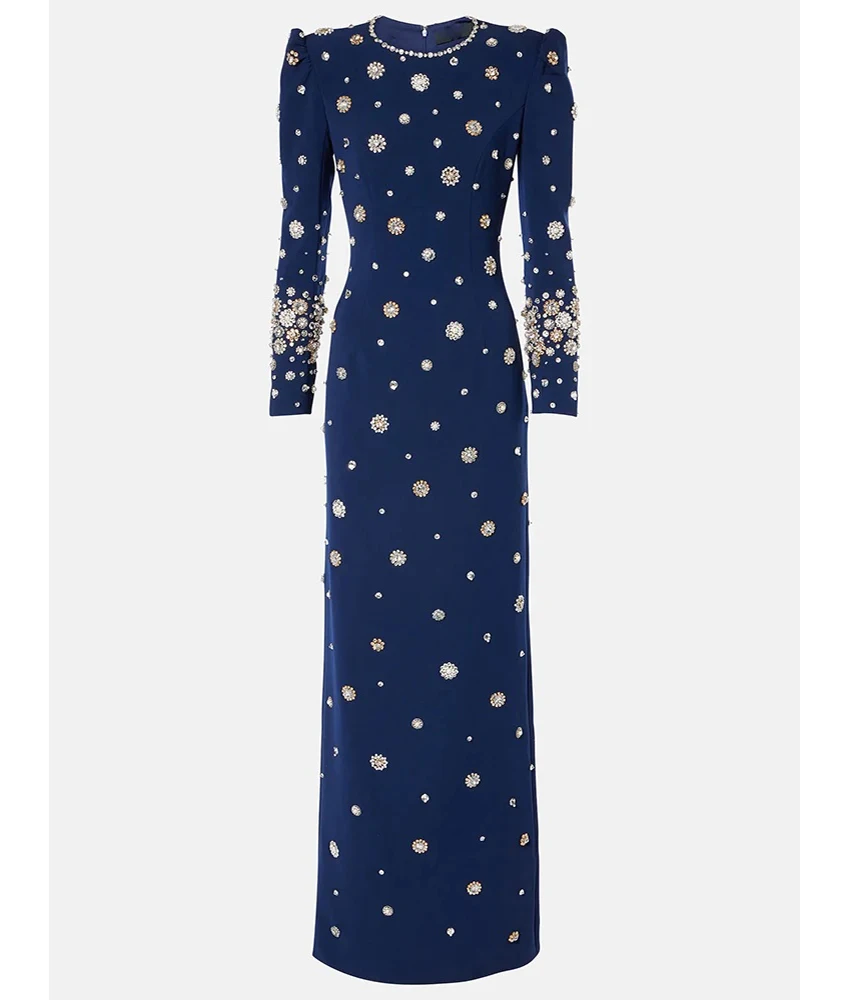 

Customized Luxury Jersey Straight Beading Pearls Crystal Evening Dress Formal O-neck Long Sleeves Floor Length prom dresses